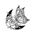 Floral moon and butterfly boho vector outline illustration.