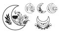 Floral moon clipart. Moon phase flowers set. Black moon elements. Celestial crescent flower logo. Hand drawing