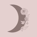 Floral Moon of Dahlia Flowers in a trendy minimal linear style. Vector Crescent outline icon