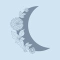 Floral Moon of Dahlia Flowers in a trendy minimal linear style. Vector Crescent outline icon