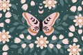 Floral Moon Moth ornament vector seamless pattern. Vintage sacred celestial Butterfly Daisy