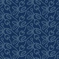 Floral motif sashiko style japanese needlework. Seamless vector pattern. Hand stitch tulip flower indigo blue line texture textile Royalty Free Stock Photo