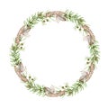 Floral natural winter rustic wreath. Hand drawn elegant round frame. Countryside style wreath of pine, fern, evergreen