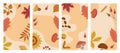 Floral nature banners designs with autumn plants, place to copy text. Vertical botanical backgrounds, mushrooms, leaves. Royalty Free Stock Photo