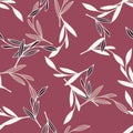 Floral nature seamless pattern with random doodle outline leaves print. Purple background. Organic ornament Royalty Free Stock Photo