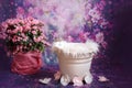 Floral newborn digital background on violet. Composite for baby photography