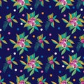 Floral Nights-Flowers in Bloom seamless repeat pattern background in pink,green,yellow,blue,orange and white