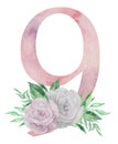 Watercolor pink floral number - digit 9 nine with flowers bouquet composition. Number 9 with flowers and greenery