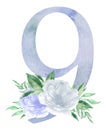 Watercolor blue floral number - digit 9 nine with flowers bouquet composition. Number 9 with flowers and greenery