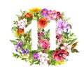 Floral number 11 eleven from wild flowers and herb. Watercolor