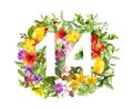 Floral number 14 fourteen from flowers. Watercolor illustration