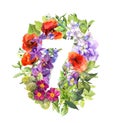 Floral number 7 - seven from wild flowers and grass. Watercolor