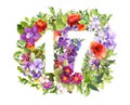 Floral number 17 seventeen from flowers and grass. Watercolor Royalty Free Stock Photo