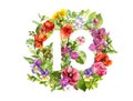 Floral number 13 thirteen from wild flowers and herb. Watercolor