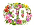 Floral number 30 thirty from wild flowers and meadow grass. Watercolor for birthday card