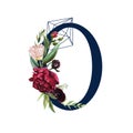 Floral Numbers - digit 0 with flowers bouquet composition and delicate navy geometric shape crystal Royalty Free Stock Photo