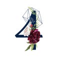 Floral Numbers - digit 4 with flowers bouquet composition and delicate navy geometric shape crystal Royalty Free Stock Photo
