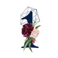 Floral Numbers - digit 1 with flowers bouquet composition and delicate navy geometric shape crystal Royalty Free Stock Photo