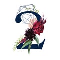 Floral Numbers - digit 2 with flowers bouquet composition and delicate navy geometric shape crystal Royalty Free Stock Photo