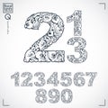 Floral numbers drawn using abstract vintage pattern, spring leaves design. Monochrome vector digits created in natural eco style.