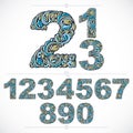 Floral numerals, hand-drawn vector numbers decorated with botanical pattern. Blue ornamental numeration, digits made in vintage d