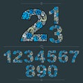 Floral numerals, hand-drawn vector numbers decorated with botanical pattern. Blue ornamental numeration, digits made in vintage d