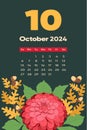 Floral October 2024 calendar template. With bright colorful flowers.