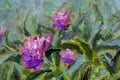 Floral Oil painting Beautiful bouquet in garden of flowers of purple peonies, lush red roses. Flowers in garden, a bouquet of flow Royalty Free Stock Photo