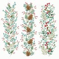 Floral ornament of flowers of beautiful shades. Pattern from leaves of different plants and berries of lingonberry or cranberry. F