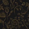 Floral ornament gold seamless pattern texture. Gold trendy glitter print on black background Royalty Free Stock Photo