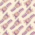 Floral ornament with purple leaves and beige flowers on a light background. Seamless pattern for postcard, packaging, wrapping, Royalty Free Stock Photo