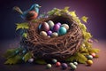 Floral painted Easter eggs and bird nest animal holiday spring background Generative AI