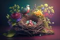 Floral painted Easter eggs and bird nest animal holiday spring background Generative AI