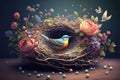 Floral painted Easter eggs and bird nest animal holiday spring background Generative AI