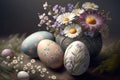 Floral Painted Easter Eggs. Holiday decoration spring celebration background Generative AI