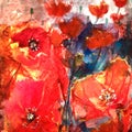 Floral painted poppy illustration on background. Ink and watercolor painting.