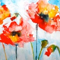 Floral painted poppy landscape with buds and blue sky illustration with background Ink and watercolor painting. Royalty Free Stock Photo