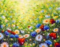 Floral painting landscape. Original oil painting of flowers, beautiful field flowers on canvas. Summer field of flowers.