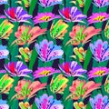 Floral painting seamless pattern. Free hand colorful background with botanical motif. Hand drawn artistic background. Royalty Free Stock Photo