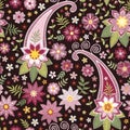 Floral and paisley embroidery seamless pattern. Beautiful embroidered flowers in purple tones. Print for fabric dress curtains