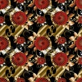 Floral Paisley Seamless Pattern. Black Vector Background Wallpaper With Gold 3d Paisley Flowers, Red Abstract Chamomile