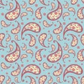 Floral paisley pattern on color background including repeated tiny elements of flower, nature, hand drawn style. Royalty Free Stock Photo