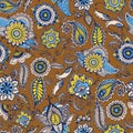 Floral paisley seamless pattern with traditional Persian buta motif and mehndi elements on brown background. Stylized