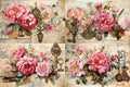 Floral paper set for decoupage and scrapbooking. Vintage background with peony flowers and golden accessories. Generative AI
