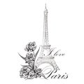 Floral Paris Illustration Famous Paris landmark Eiffil Tower.