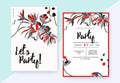 Floral party invitation card template design, Cananga odorata, Amsoniain, tulip, Magnolia champaca and leaves in red and grey