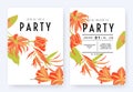 Floral party invitation card template design Cananga odorata tulip Heliconia Amaryllis and leaves in orange tones on white