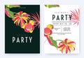 Floral party invitation card template design, colorful Cananga odorata, Magnolia coco and leaves on dark green