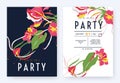 Floral party invitation card template design, colorful spider lilies, iris, tulip and leaves on blue Royalty Free Stock Photo