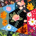 Floral patchwork pattern with roses, cosmos and bell flowers, daisies and leaves